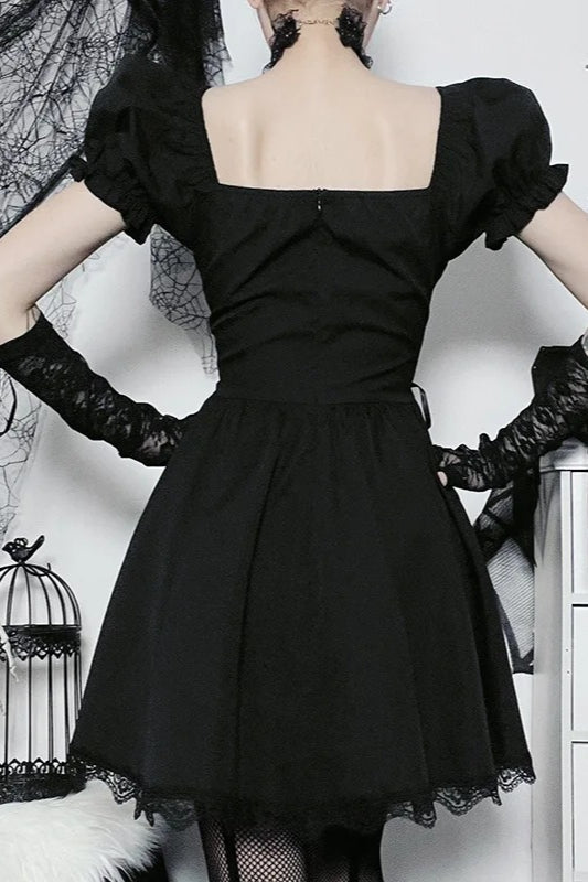 Black V Neck Lace Up High Waist Corset Mini Dress