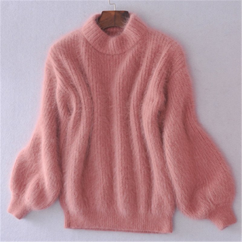 Jersey holgado de cachemira rosa de cuello alto para mujer, de color liso | Ideal para otoño/invierno