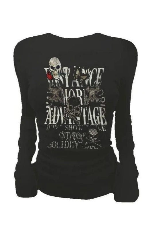 Black Skull Print Vintage E-girl Slim Long Sleeve Knit Top