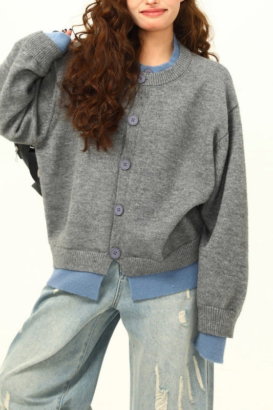 American Retro Fake Two-Piece Solid Cardigan