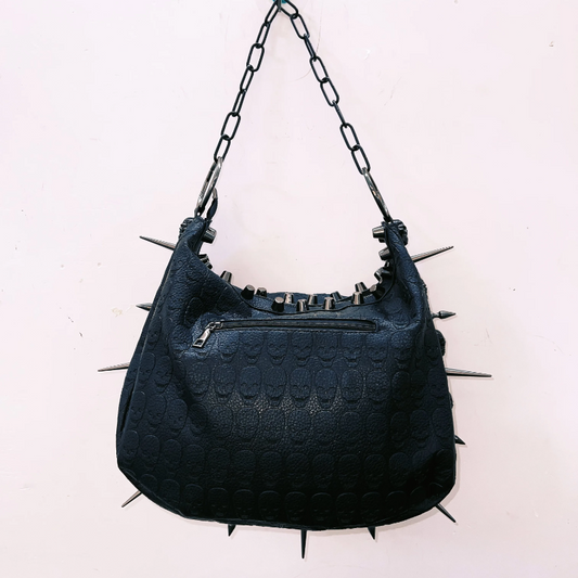 Metal chain o ring skull applique zip-up handbag | Festival Outfits Women