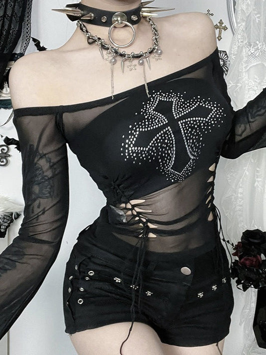 Cross Rhinestone Flare Sleeve Mesh Top