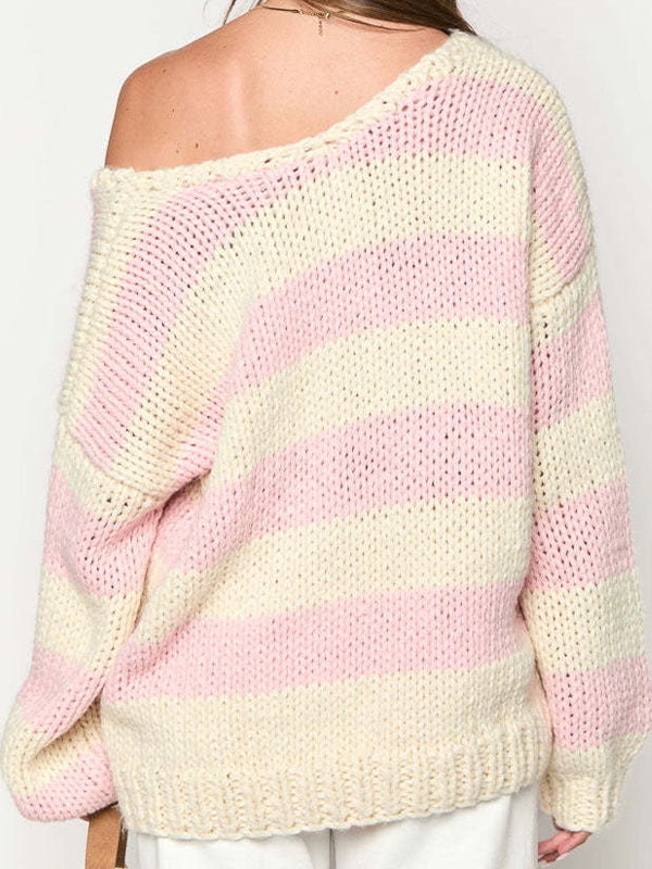 Off The Shoulder Striped Print Oversized Sweaters