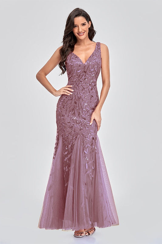 V Neck Sheer Embroidered Sequin Sexy Prom Dress
