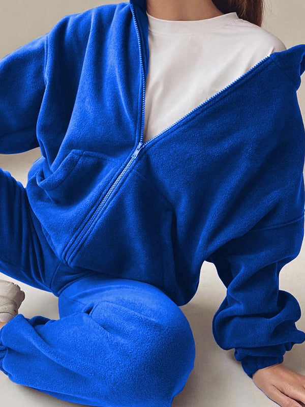 Solid Zip Up Oversized Hoodie & Bound Feet Sweatpants Set