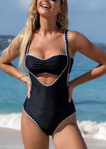 Coastal Curve - Black Cutout One-Piece Swimsuit with Contrast Trim