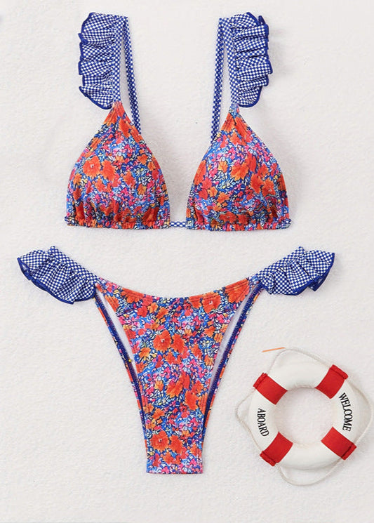 Mediterranean Bloom - One-Piece Swimsuit with Ruffled Straps