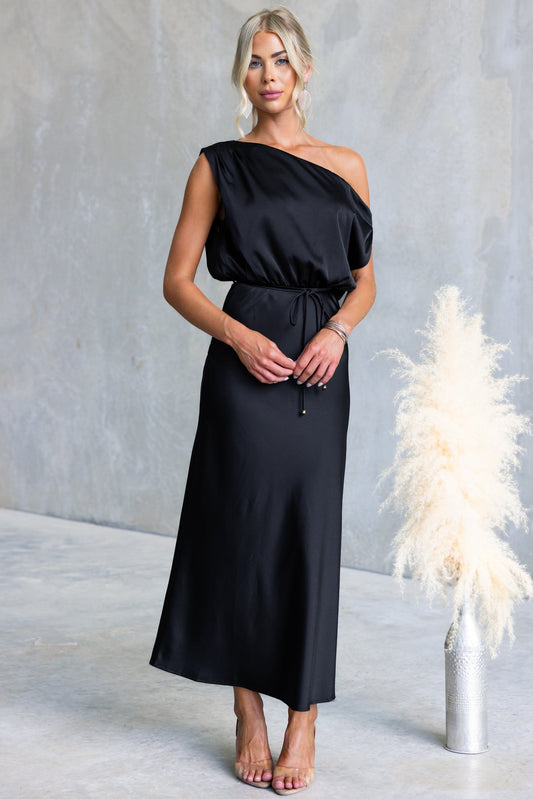 Solid Color One-shoulder Sleeveless Belted Casual Maxi Dress