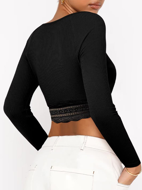 Solid Color Lace Hem Square Neck Crop Long Sleeve Knit