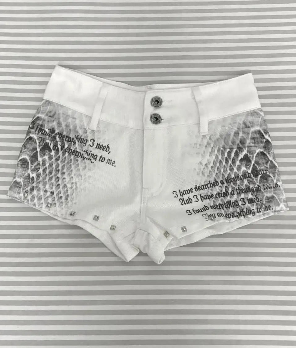 Snake Print Low Rise Denim Shorts