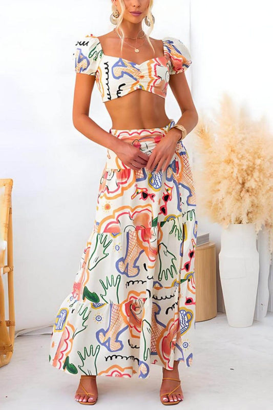 Conjunto de top estampado de verano y falda cruzada