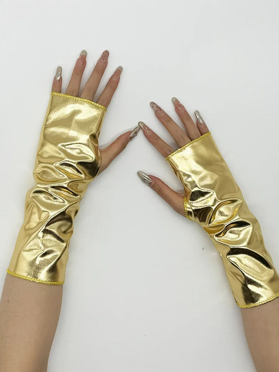 Faux Patent Leather Punk Fingerless Gloves