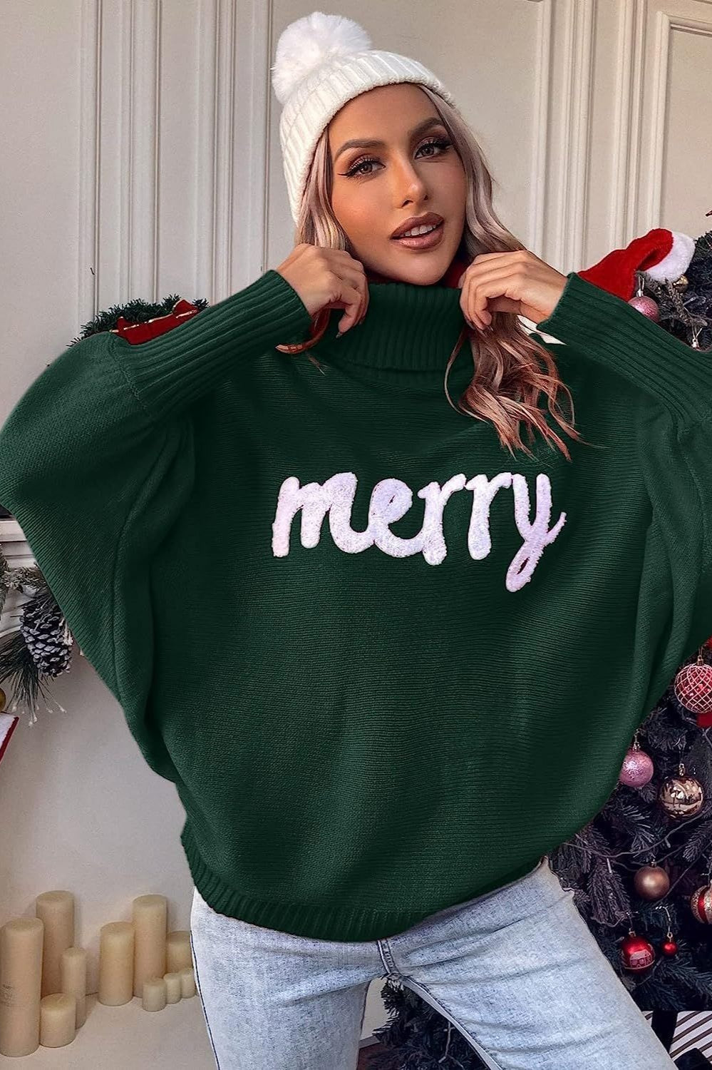 Festive High Neck Loose Batwing Knit Sweater