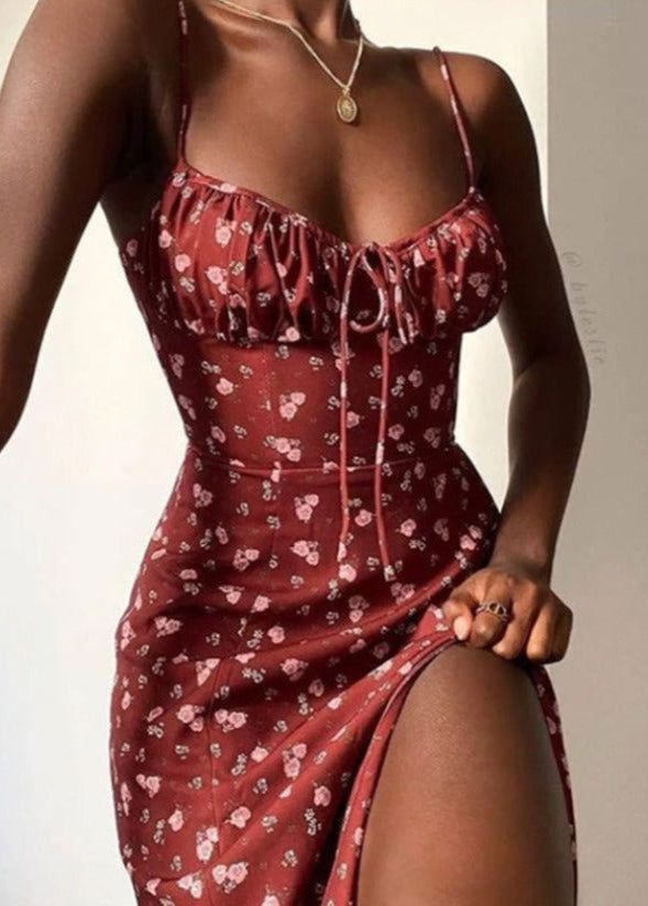 Roselle Charm - Ruched Midi Dress with Side Slit