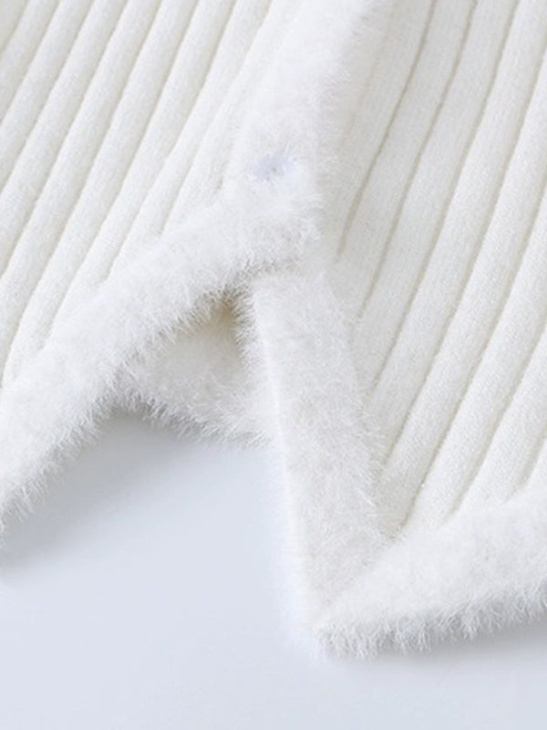 Solid V Neck Fuzzy Trim Slim Ribbed Knit Cardigan