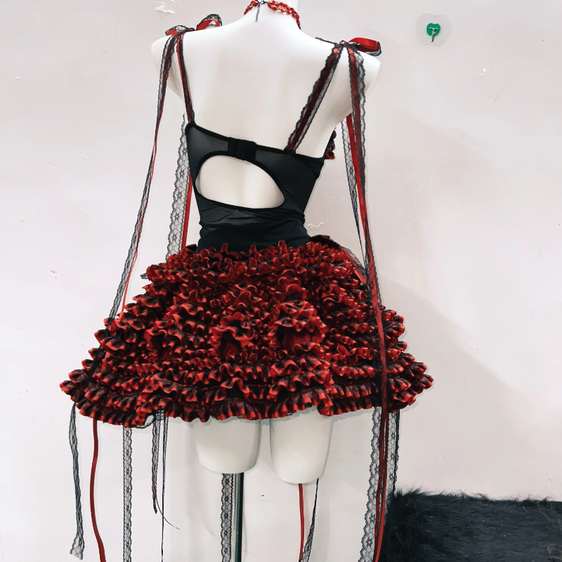 Bowknot ruffle self tie hollow out mini skirt set | Festival Outfits Women