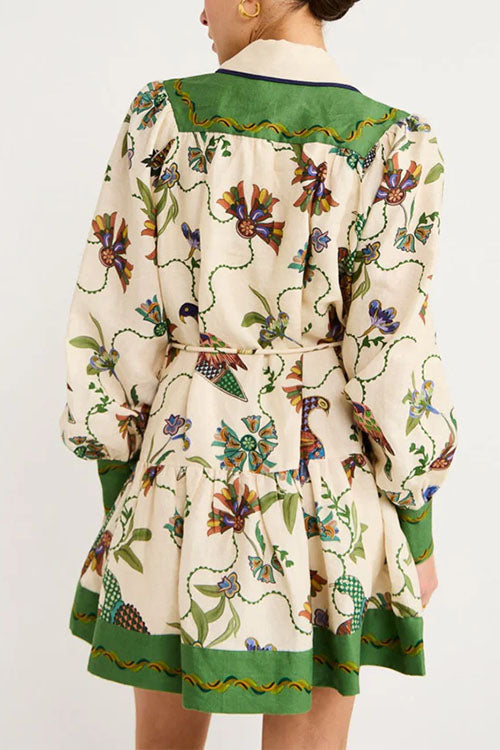 Long Lantern Sleeves Button Up Unique Print Mini Dress