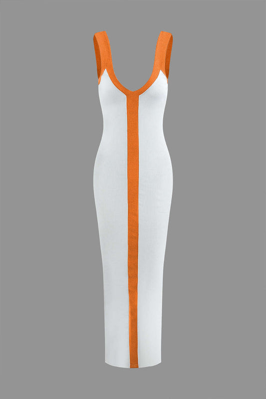 Colorblock Vintage V Neck Knit Slim Split Maxi Dress