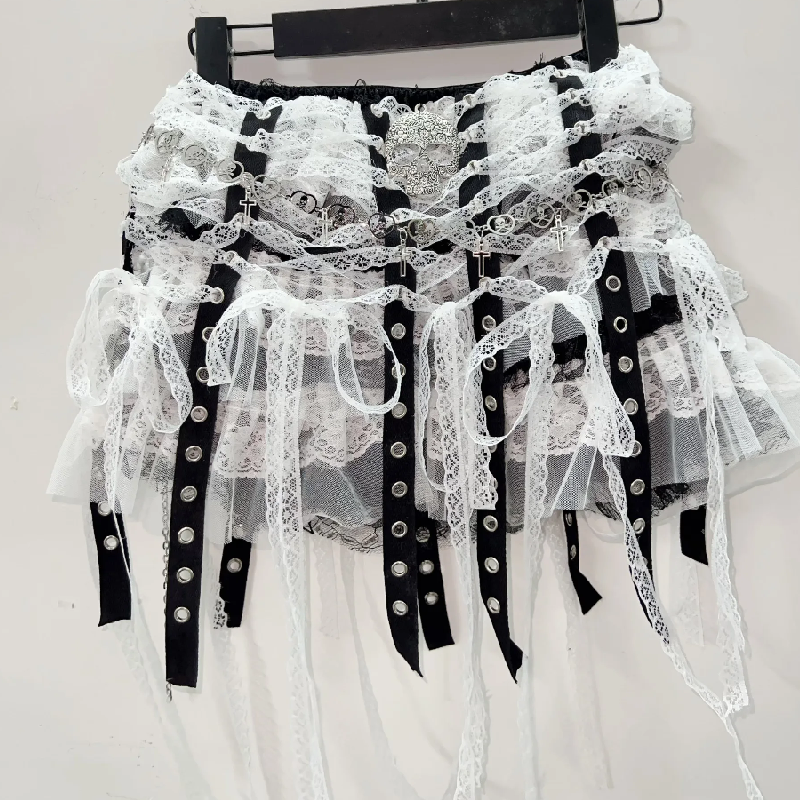 Lace tassels skull applique mini skirt | Festival Outfits Women