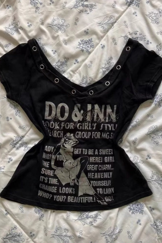 Trendy Y2K Letter Print V-neck Fitted T-shirt