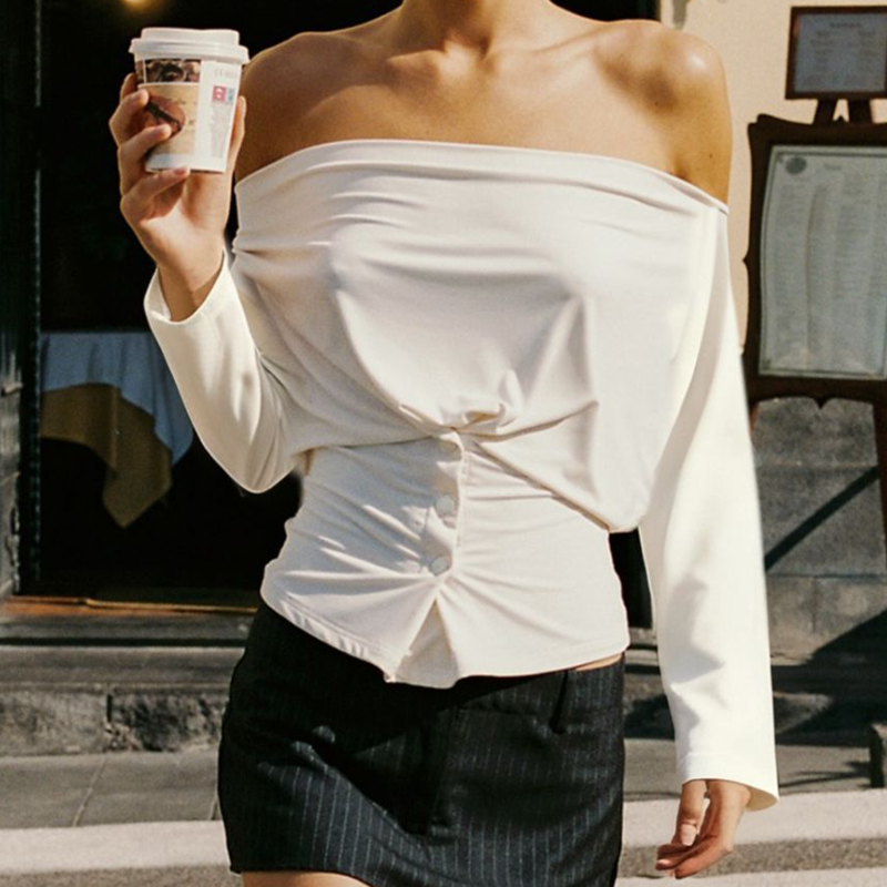 Off shoulder long sleeve ruched button top | Festival Outfits Women