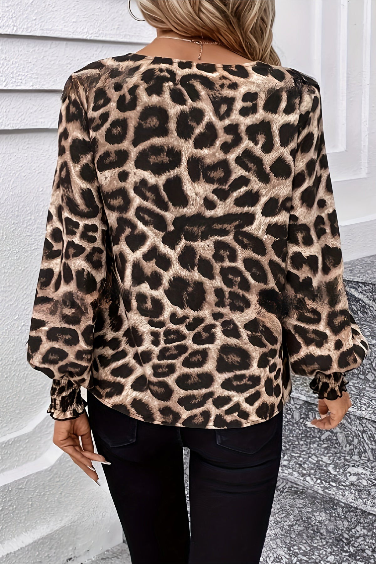 Leopard Print V Neck Chiffon Loose Long Sleeve Blouse