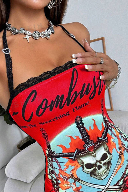 3D Print Halter Lace-Up Mini Dress