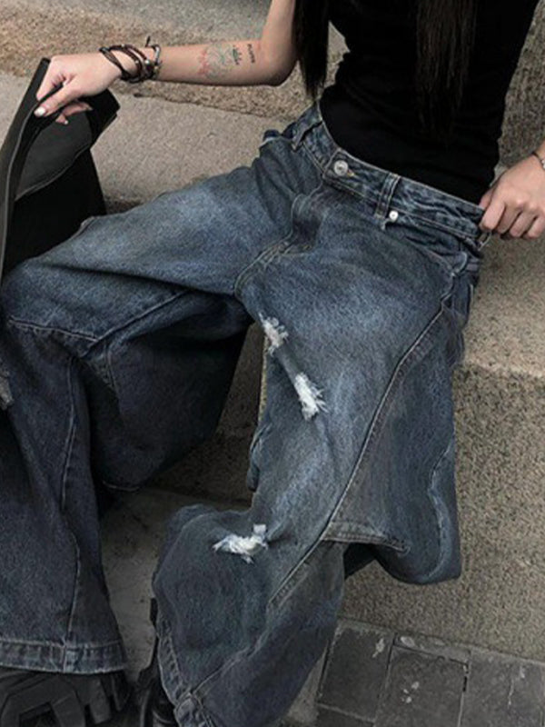 Retro Distressed Dirty Dyed Wide Legs Boyfriend Jeans