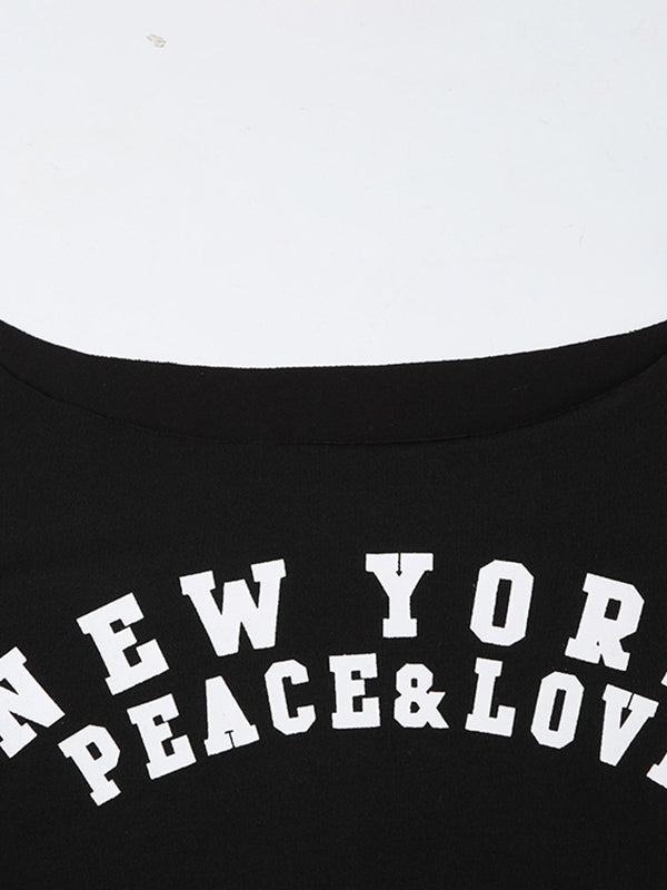 Retro Letter Print Oversized Long Sleeve Tee