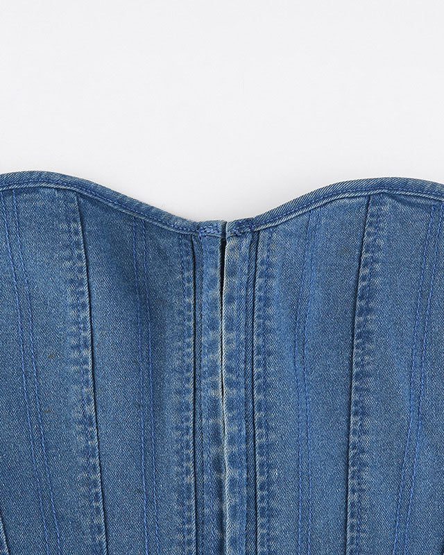 Wave Collar Herringbone Slim Fit Strap Solid Color Denim Tube Top Vest