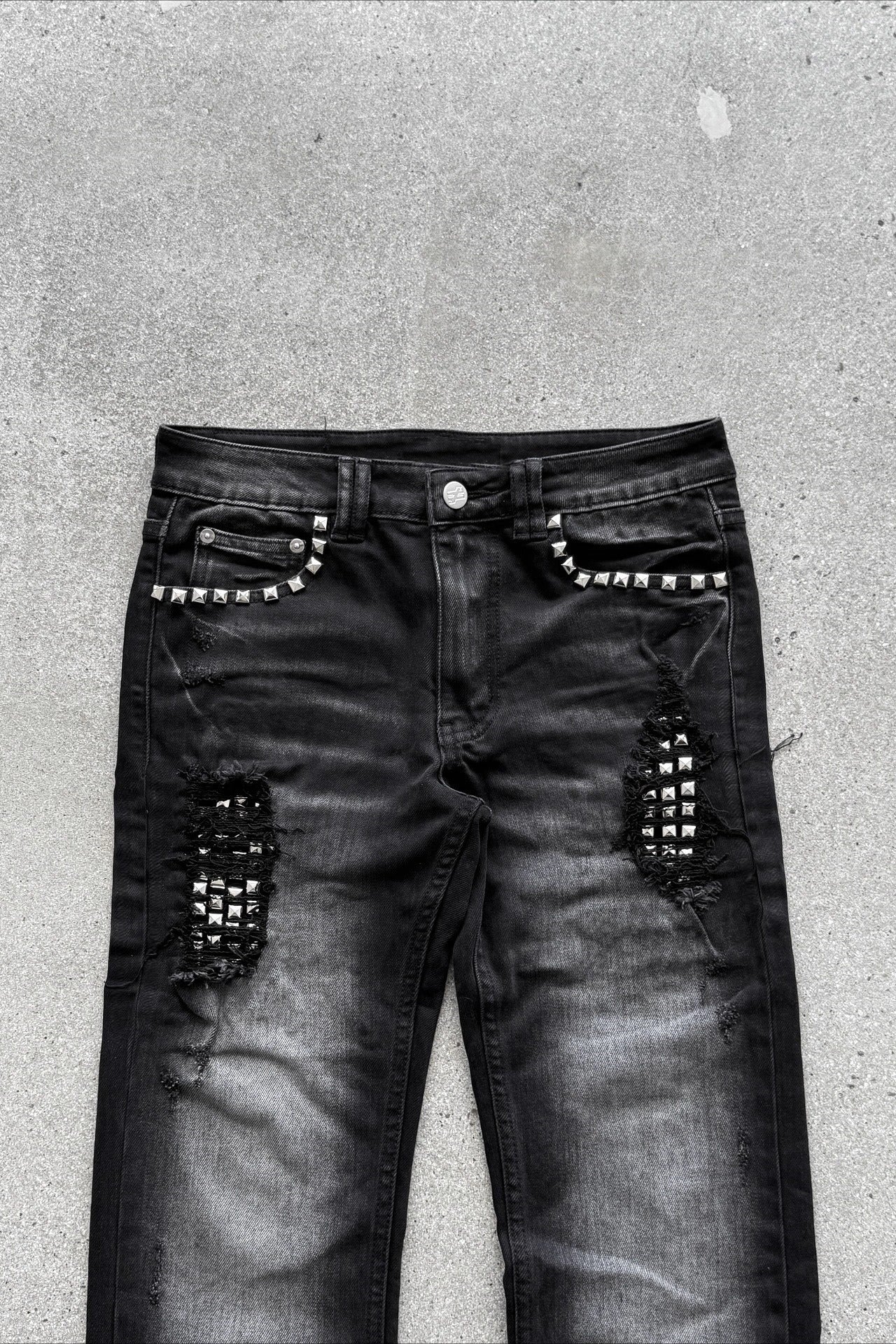 Rhinestone Washed High Street Unisex Denim Pants