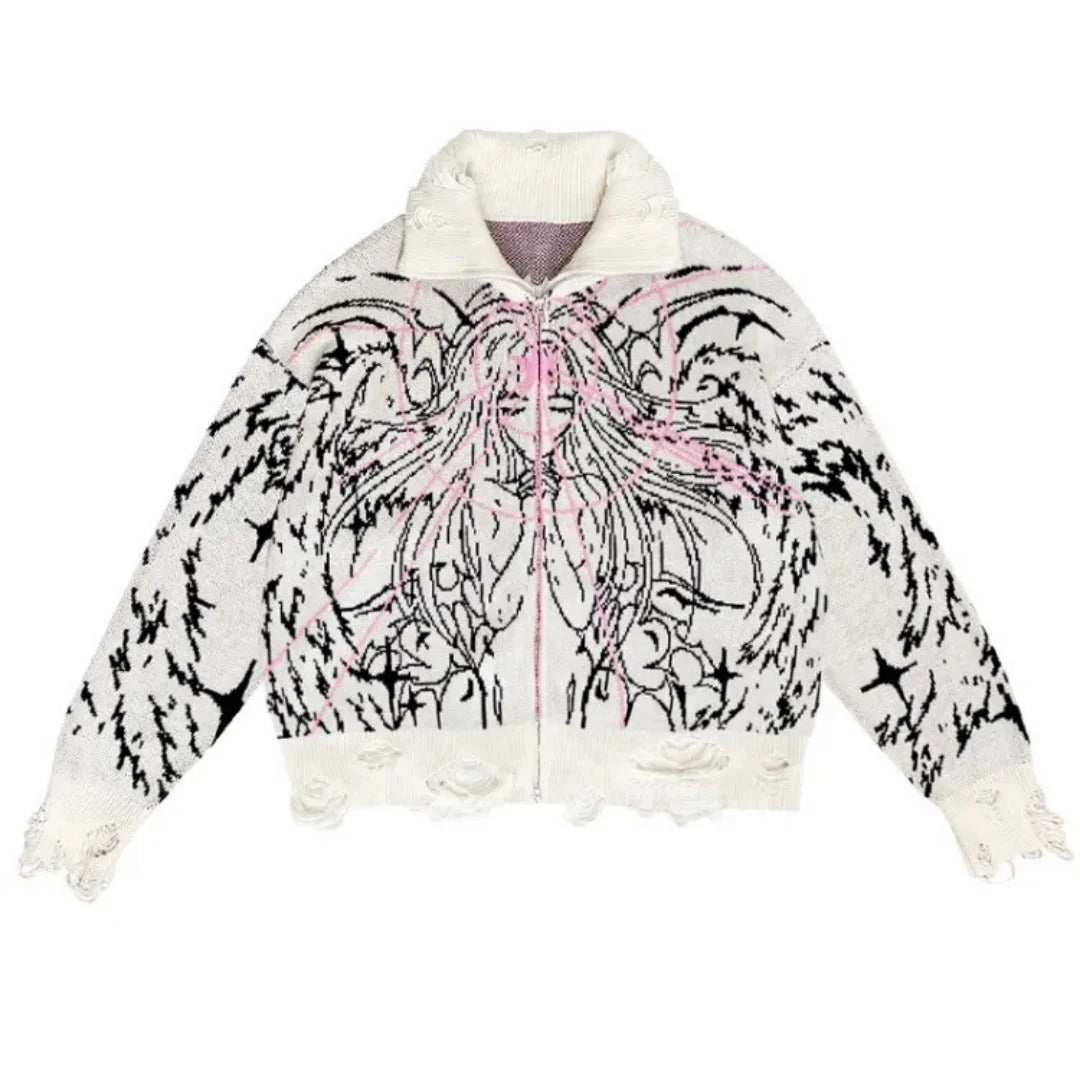 Y2K Angel Cartoon Print Zipper Coat