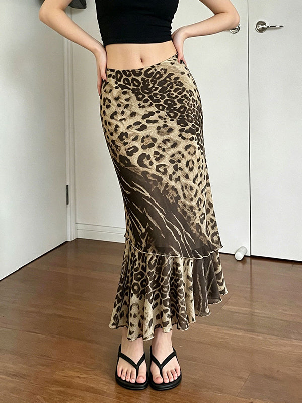 Leopard-Print Patchwork Bodycon Maxi Skirt