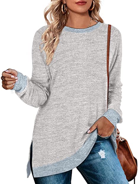 Women Clothing Long Sleeve round Neck Multicolor Split Top Loose Casual Pullover T shirt