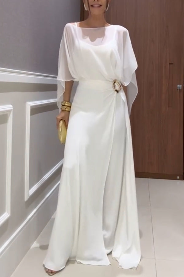 Vivian Chiffon Cape Top and Metal Buckle Wrap Wide-Leg Pants Set
