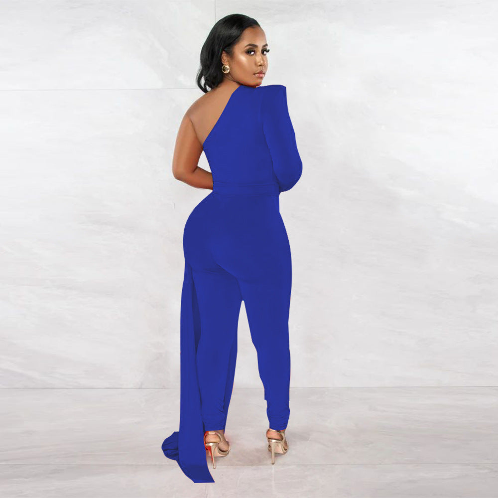 Women Autumn Pleated Shoulder Solid Color Tight Jumpsuit Women