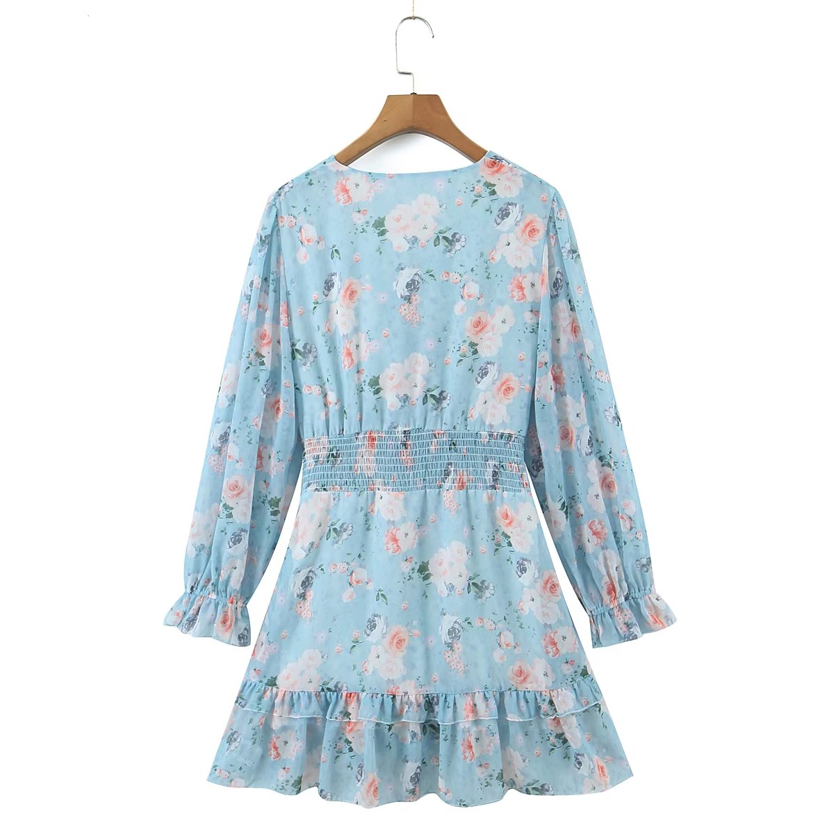 Winter Bow Tied Elastic Waist Laminated Ruffled Printed Dress