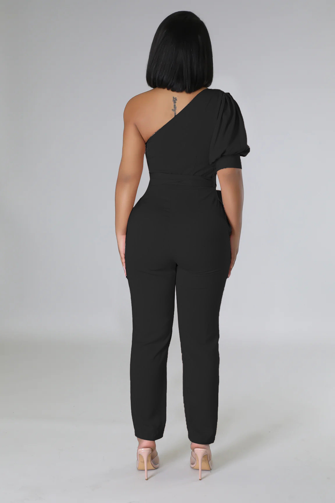 One Shoulder High Waist Backless Slim Tapered Trousers Women Jumpsuit