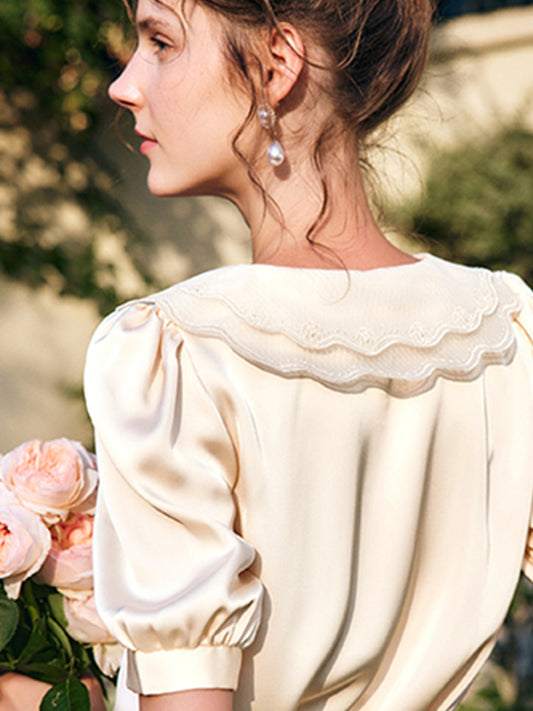 Samantha French Doll Collar Puff Sleeve Satin Shirt