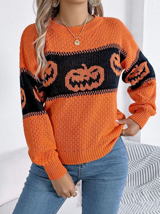 Suéter de punto con cuello redondo y bloques de color con cabeza de calabaza de Halloween