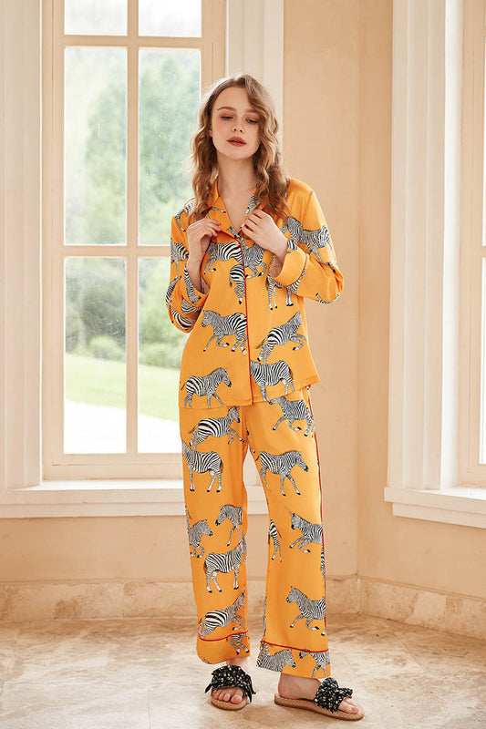 Conjunto de ropa de estar por casa de manga larga con estampado de cebra - Amarillo