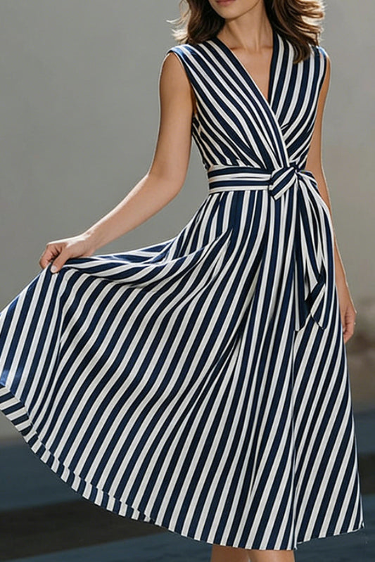 Striped Printed V-neck Sleeveless Belted Casual Midi Dress