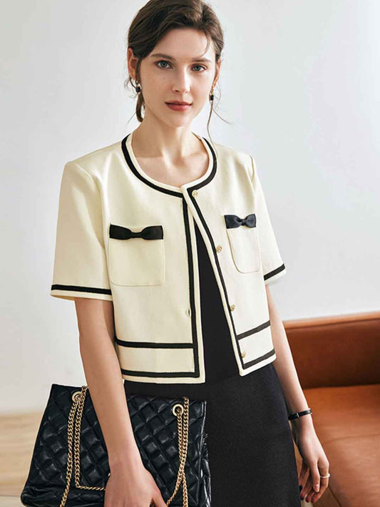 Layla Elegant Contrast Color Bow Pocket Cardigan