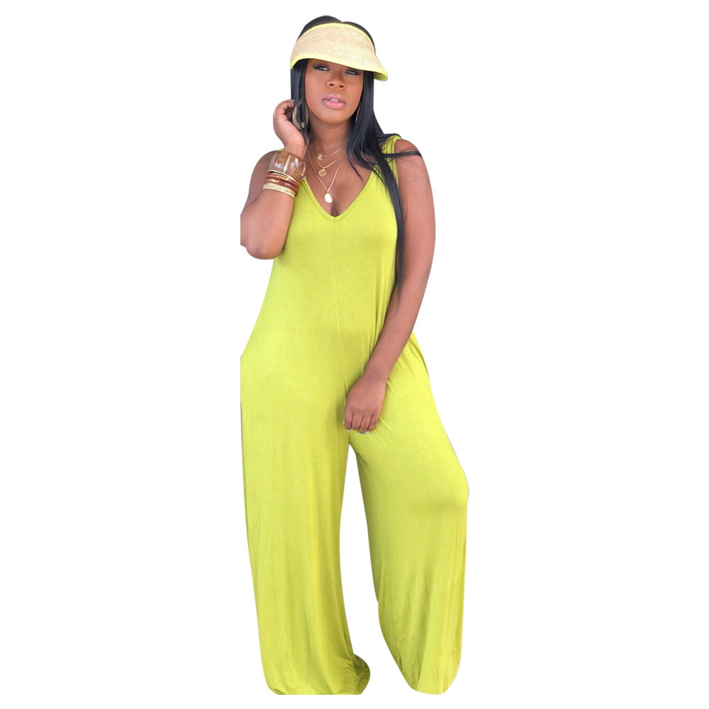 Boutique Solid Color V neck Suspender Jumpsuit
