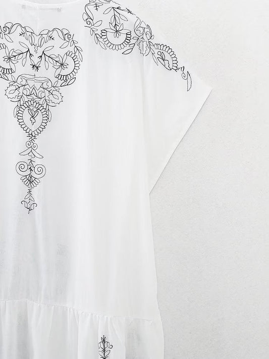 Summer Women Clothing Cotton Contrast Color Embroidery Midi Dress