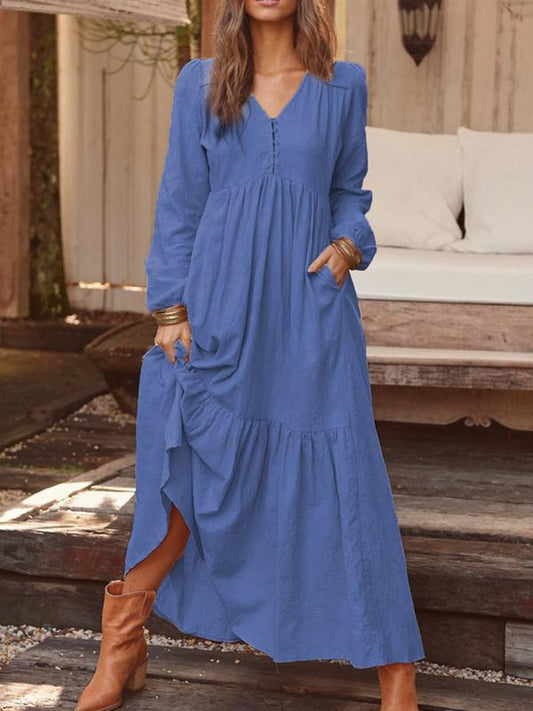 Autumn Winter Women Clothing Button Cotton Linen Retro Casual Long-Sleeved Dress Large Swing Dress Multi-Color