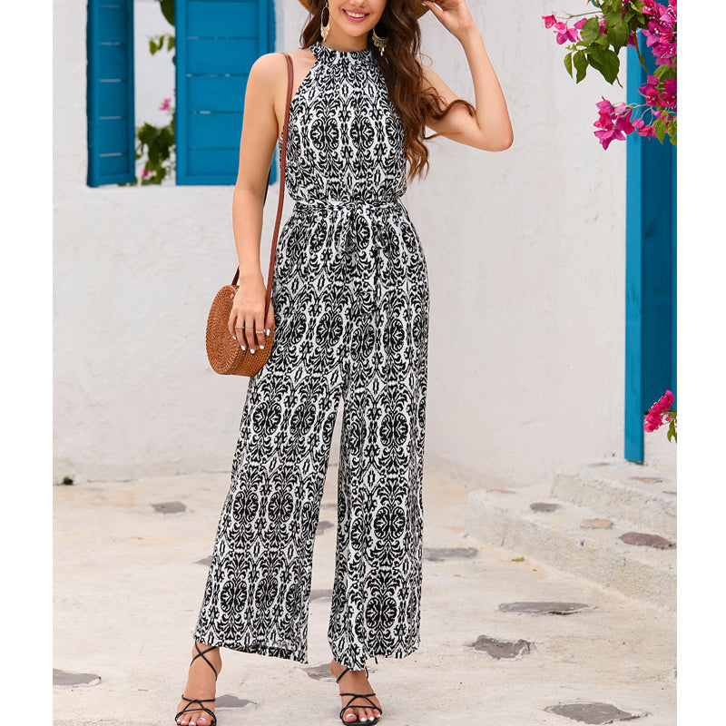 Women Hanging Neck Waist Siaman Pants Summer Bohemian Holiday Casual Wide Leg Pants