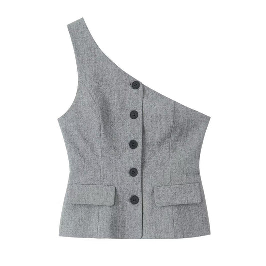 Fall Women Clothing Asymmetric Vest Pleated Design Skinny Pant Suits