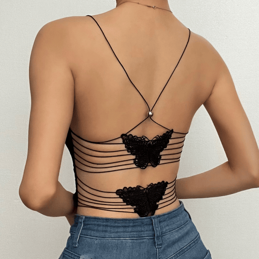 Sheer mesh butterfly applique see through backless solid top | Festival Outfits Women