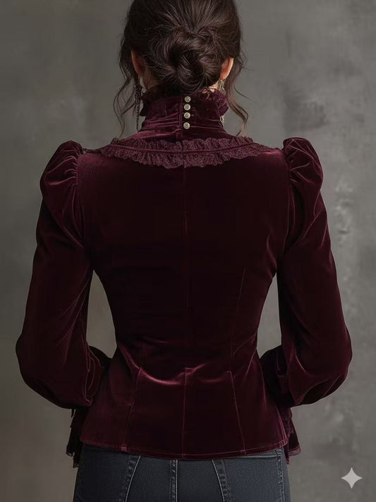 Velvet Lace Stitching Long Sleeve Turtleneck Shirts